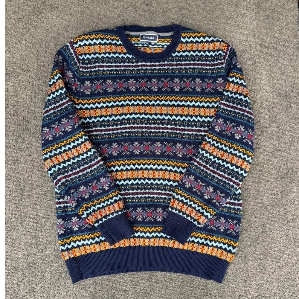VTG Club Room Mens Navy Blue Fair Isle Cotton Crewneck Pullover Sweater Large